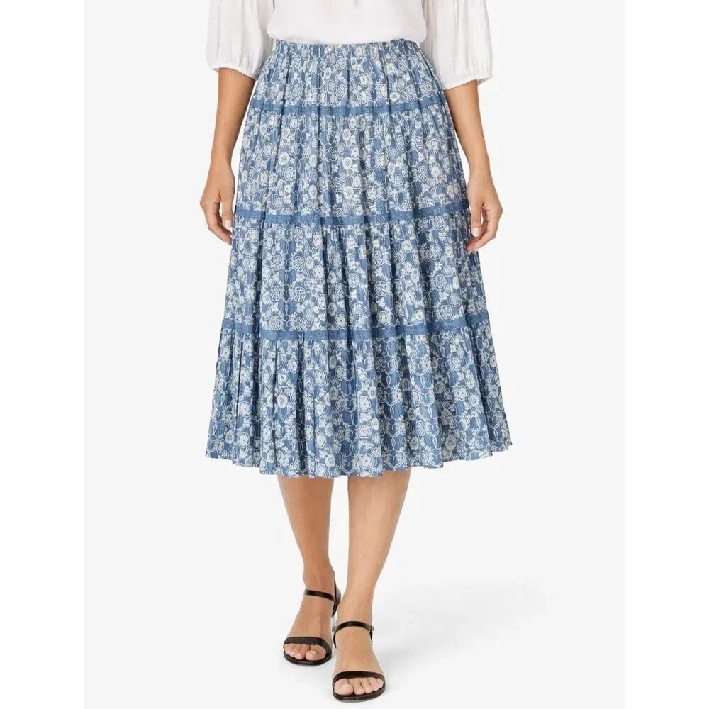 Vintage blue floral tiered midi skirt size small